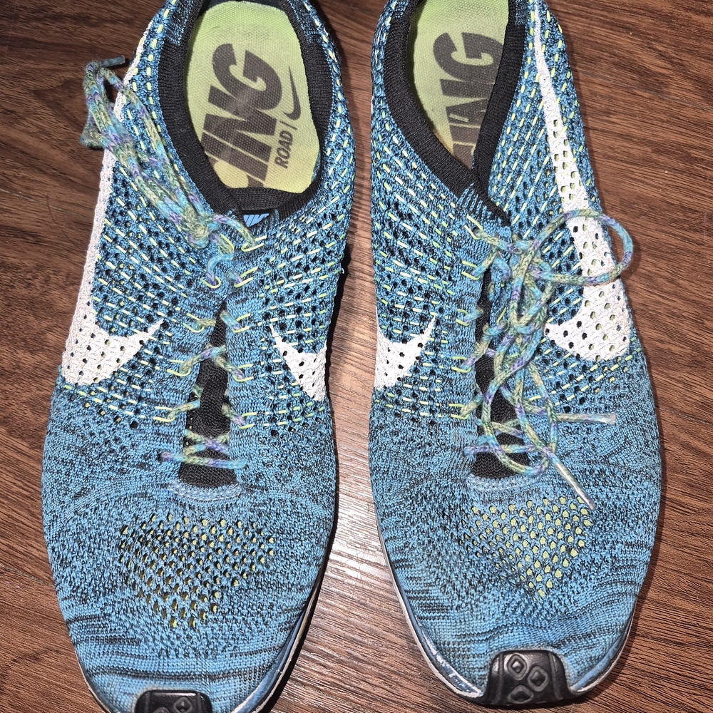 Nike Blue and White Flyknit Running Shoes With Custom Handmade Shoelaces